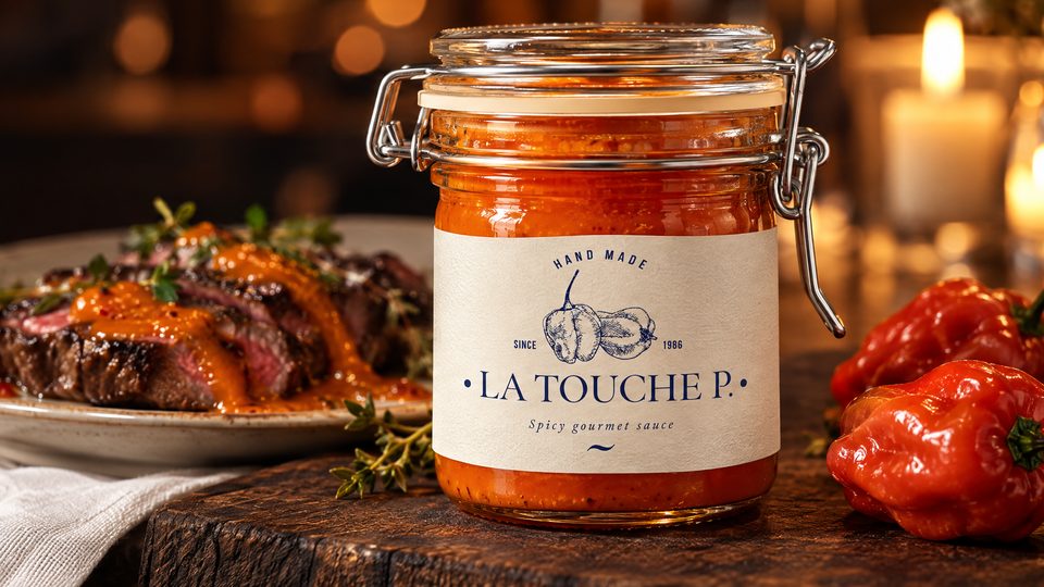 Glas La Touche P. neben einem Teller Steak mit der Sauce bei Kerzenlicht