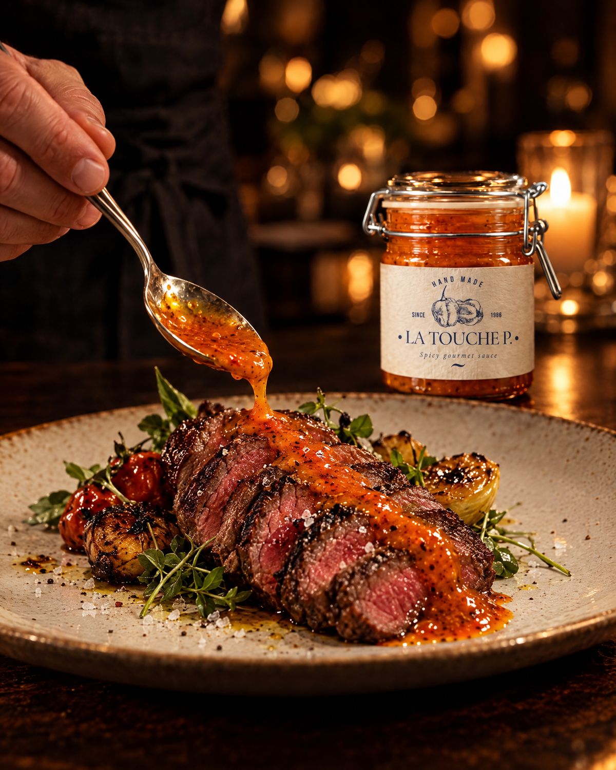 Ein Koch giesst La Touche P. mit dem Löffel über ein Steak