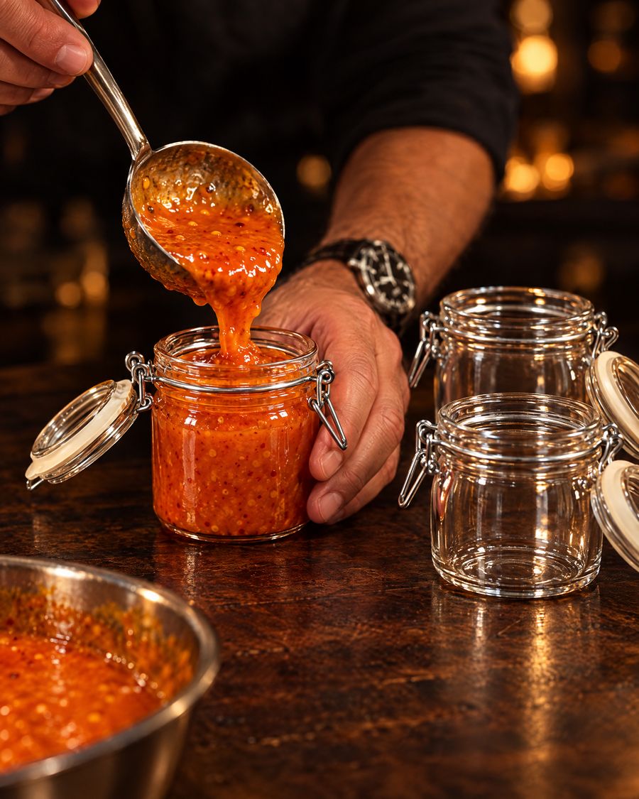 Sauce wird mit der Kelle in ein Bügelglas gefüllt