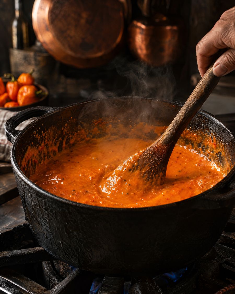 Orange Habanero-Sauce köchelt in einem gusseisernen Topf