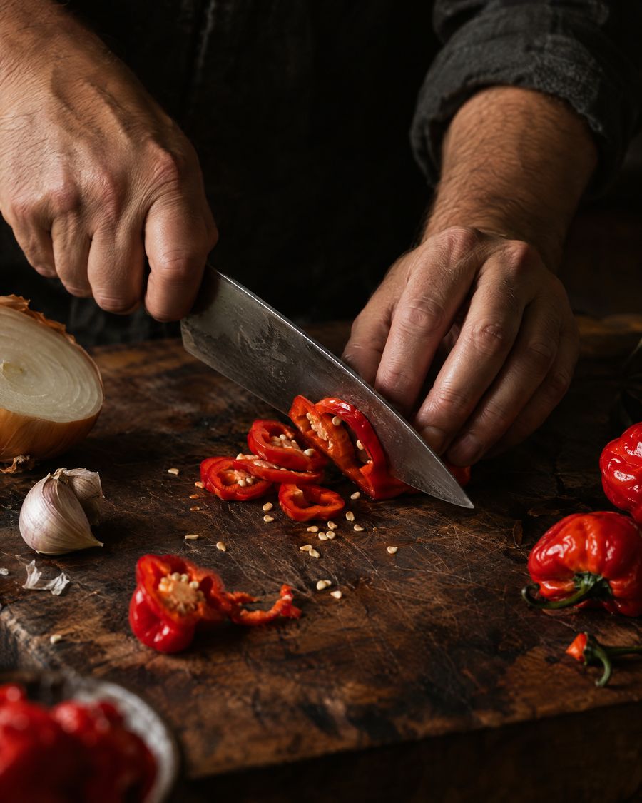 Hände schneiden Habaneros auf einem Holzbrett
